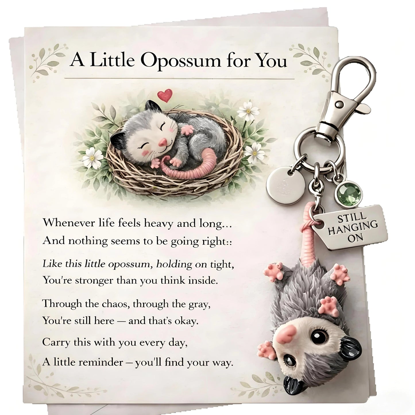 🐁🐁A Little Opossum for You ---2D Style "Still Hanging On" Keychain & Sentiment Card Set