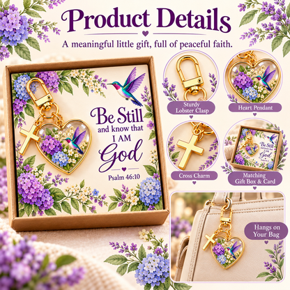 💜✝️ Be Still & Know That I Am God Hummingbird Faith Keychain — Psalm 46:10