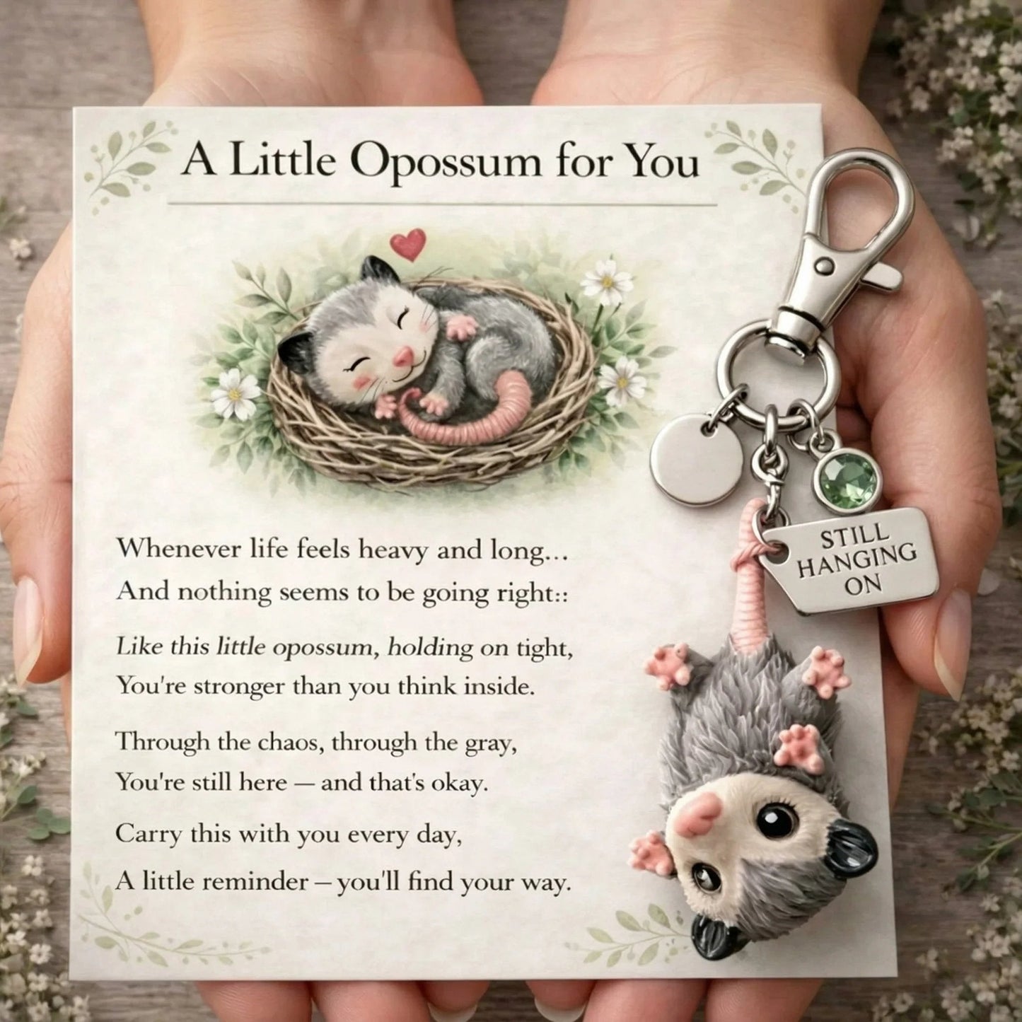 🐁🐁A Little Opossum for You ---2D Style "Still Hanging On" Keychain & Sentiment Card Set