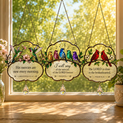 🐦Christian Scripture Bird Suncatcher with Crystal Prism – Hummingbird, Cardinal & Songbird Window Hanging