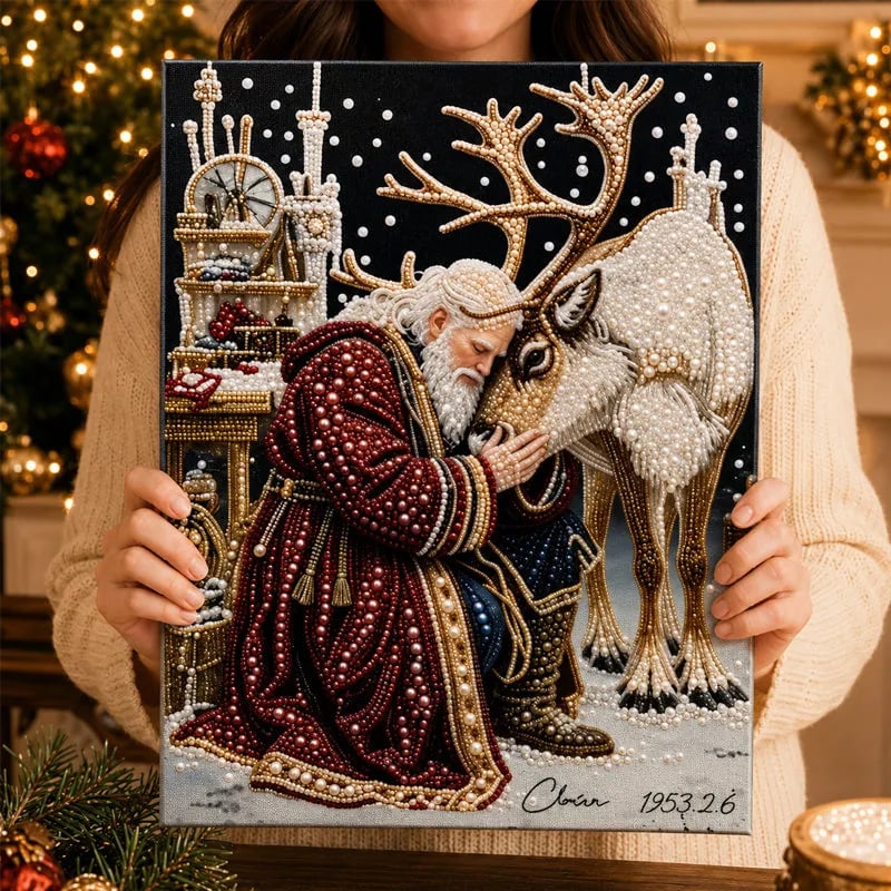 🎅🎅🎄 Premium 3D Pearl Christmas Reindeer Diamond Painting Art Kit |  Luxury Flocked Canvas with Scratch-Resistant Non-Fading Pearl Beads DIY Holiday Decor⛄️❄️