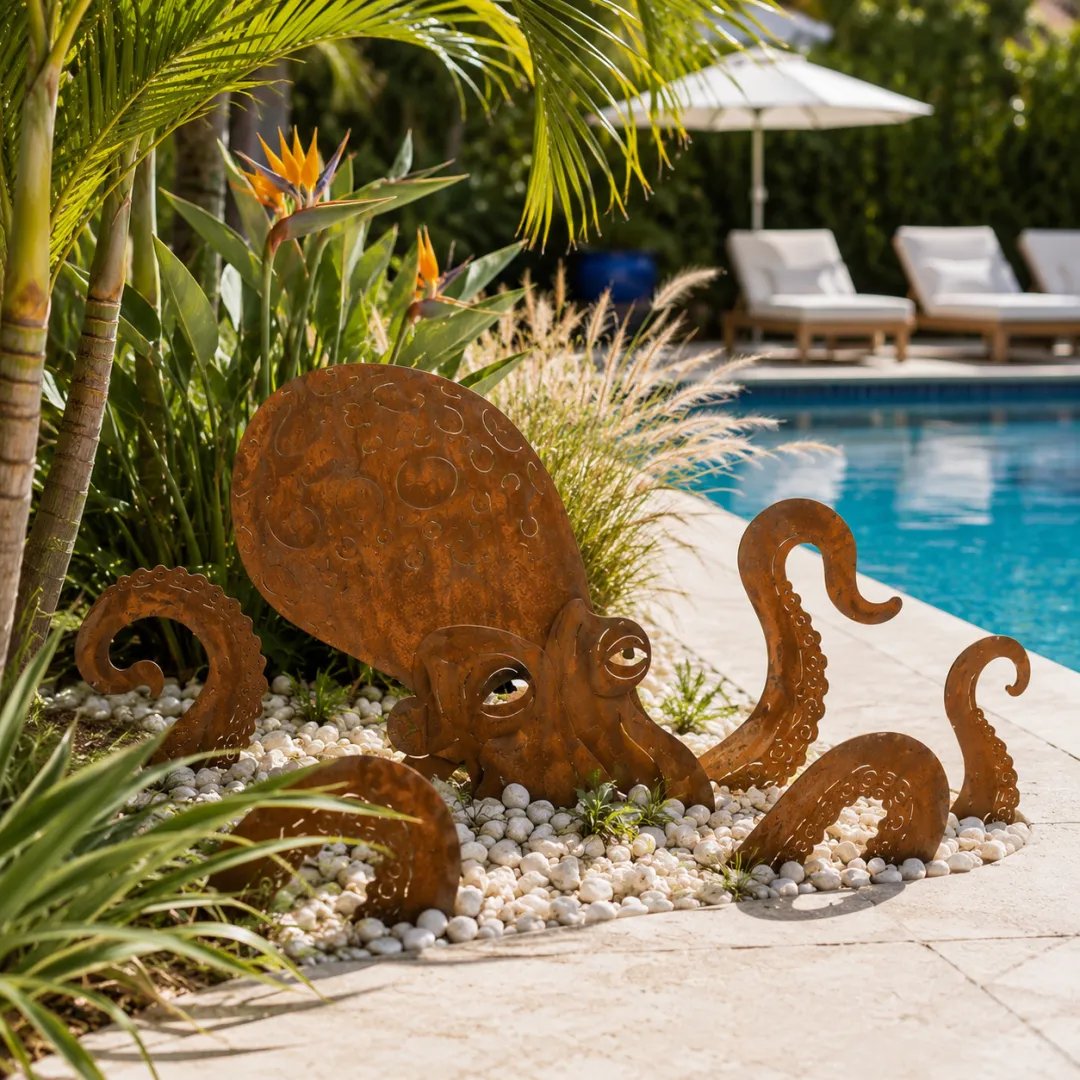 🐙Rust Patina Giant Squid Garden Sculpture