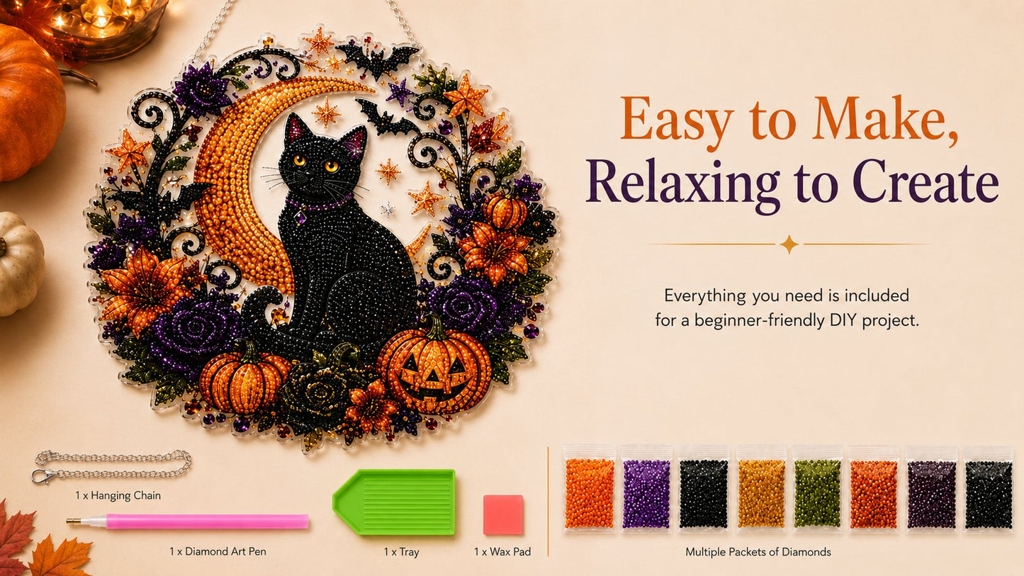 🎃Black Cat Moon Diamond Art Hanging Ornament Kit – Relaxing DIY Halloween Craft 🎃💎 (📦Buy 2 Free Shipping)