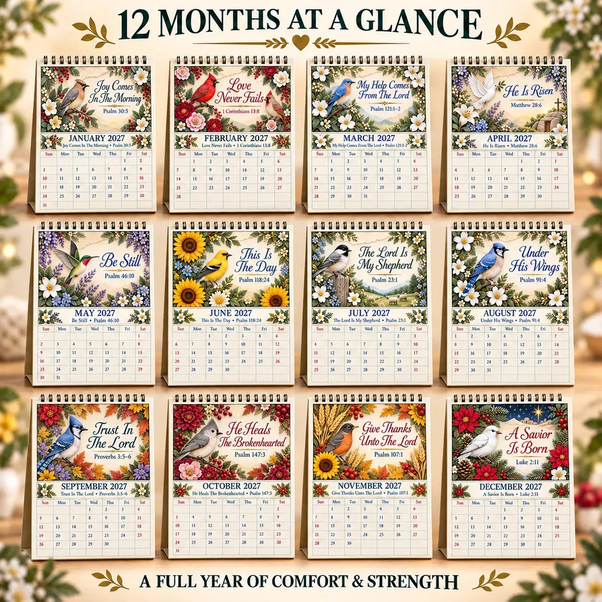 ✝️ 3D Christian Calendar 2027 | 12 Scripture Designs with Nature Scenes, Birds & Flowers for Faith-Filled Homes & Meaningful Gifts 🎁