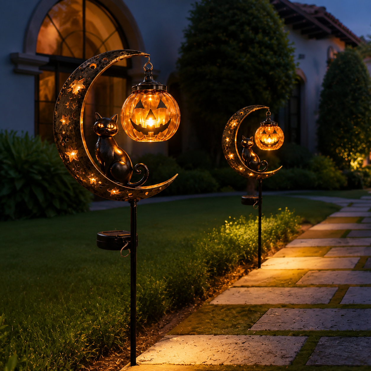🎃🎃Solar Halloween Black Cat & Pumpkin Moon Garden Stake Light