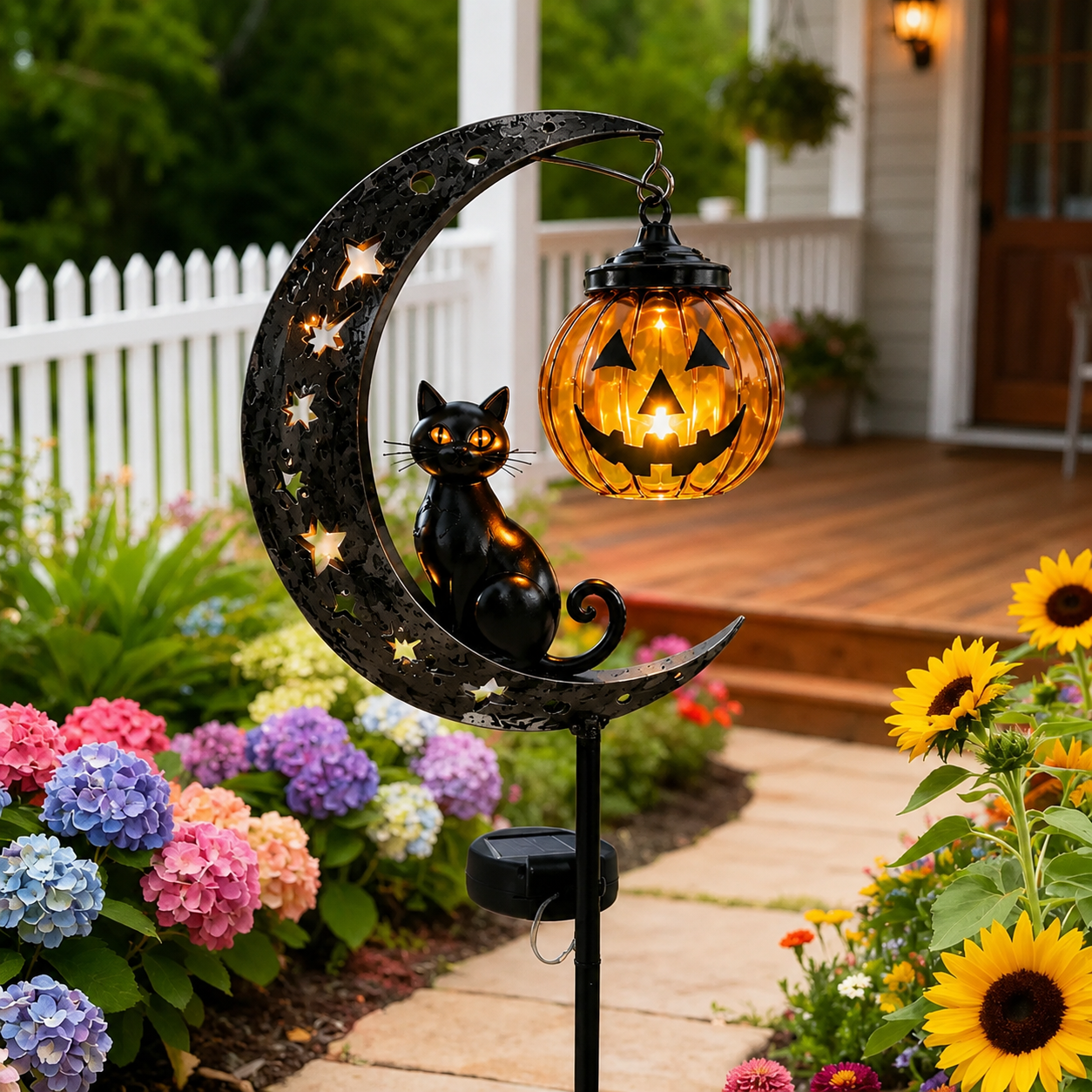 🎃🎃Solar Halloween Black Cat & Pumpkin Moon Garden Stake Light