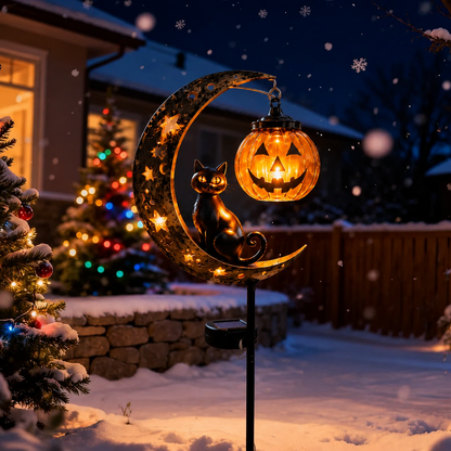 🎃🎃Solar Halloween Black Cat & Pumpkin Moon Garden Stake Light