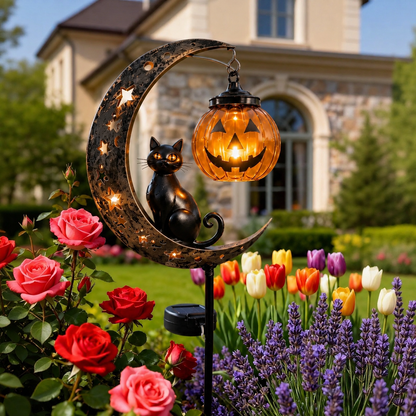 🎃🎃Solar Halloween Black Cat & Pumpkin Moon Garden Stake Light