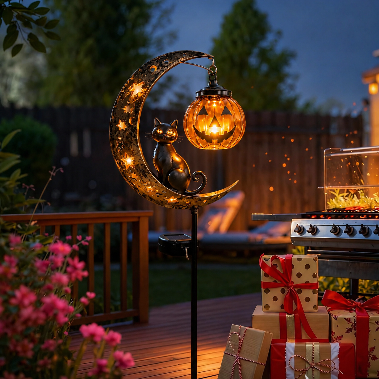 🎃🎃Solar Halloween Black Cat & Pumpkin Moon Garden Stake Light